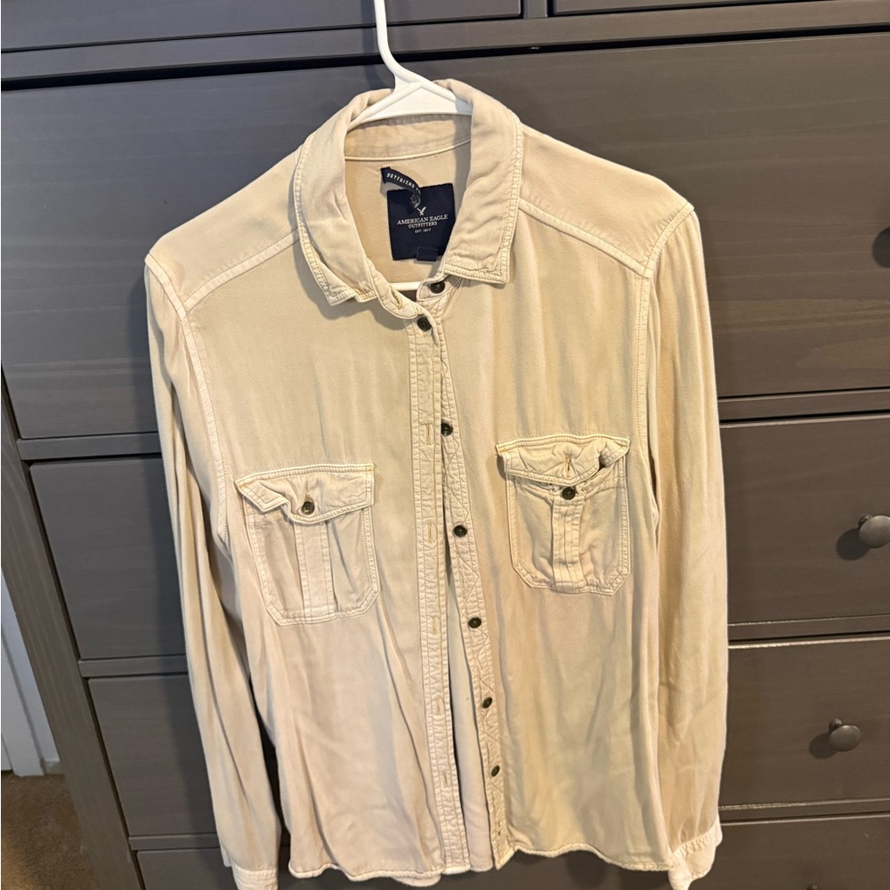 American Eagle Outfitters Light Tan Casual Button-Down Shirt